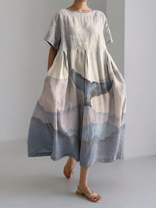 Comstylish Whale Tail Sea Waves Colorblock Linen Blend Maxi Dress