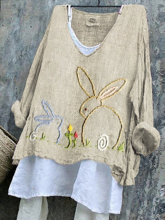 Women's Cute Bunny Embroidered Linen Blend Shirt artswardrobe