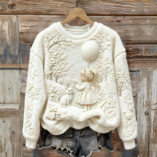 Comstylish Little Girl & Cat Winter Floral Landscape Cozy Plush Sweatshirt