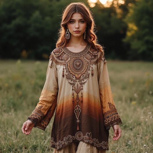 Comstylish Boho Gradient Tassel Floral Embroidered Linen Round Neck Long Sleeve Blouse