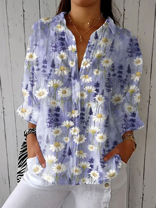 Comstylish Women's Casual Cotton And Linen Vintage Floral Shirt