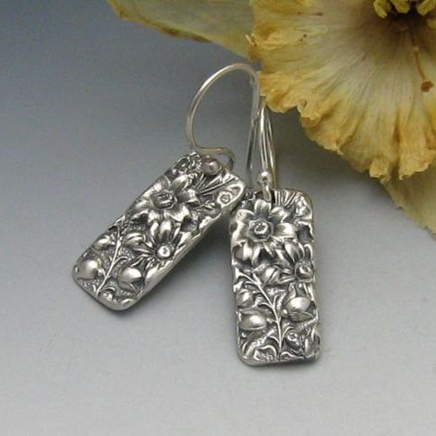 Rectangular Flower Silver Earrings