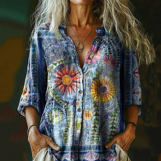 Comstylish Women's Vintage Bohemian Floral Print Casual Cotton And Linen Shirt
