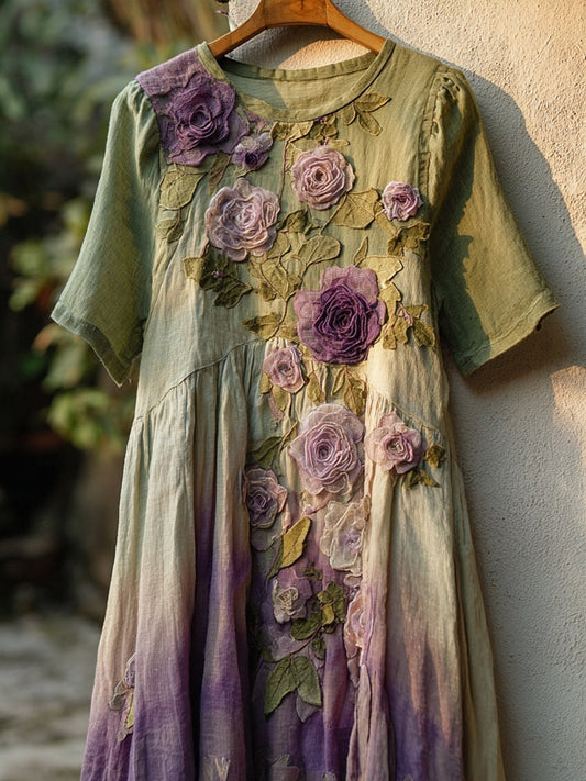 Vintage Purple Flowers Embroidered Gradient Linen Midi Dress artswardrobe