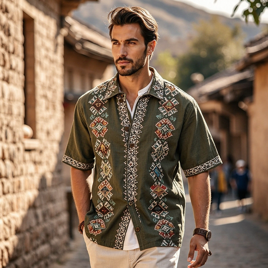 Men's Bohemian Tribal Embroidered Linen Short Sleeve Shirt artswardrobe