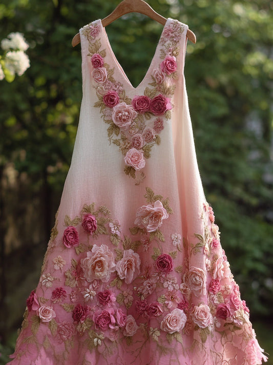 Vintage Pink Rose Embroidered Gradient Linen Midi Dress artswardrobe
