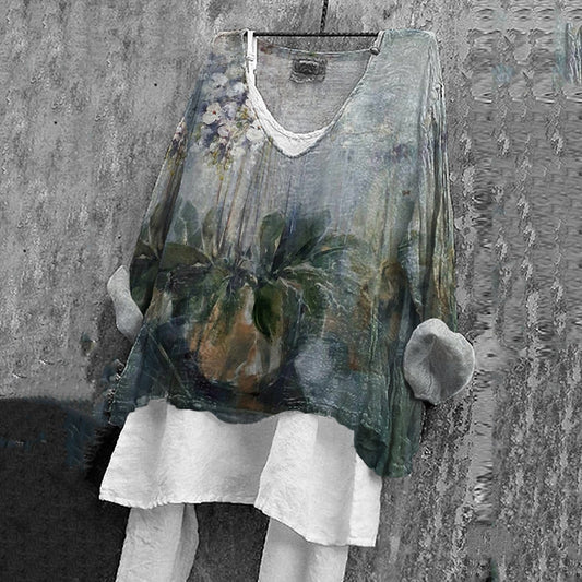 Comstylish Abstract Floral Pattern V-Neck Top For Women