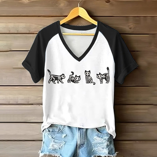 Women's Fun Cat Graphic Print V-neck Raglan Comfortable Short Sleeve T-shirt elevenforest