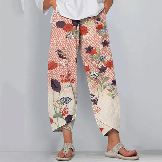 Comstylish Japanese Art Flower Print Casual Pants