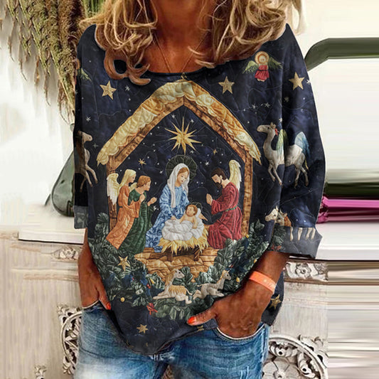 Comstylish Christmas Holy Family Print Round Neck Sweatshirt