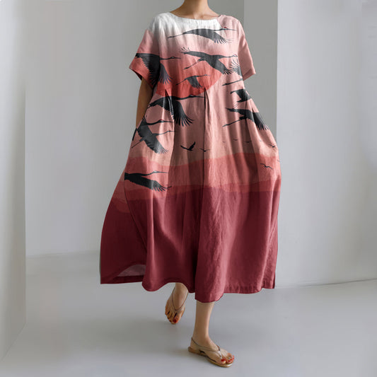 Comstylish Retro Flying Bird Landscape Print Japanese Art Cozy Linen Blend Dress