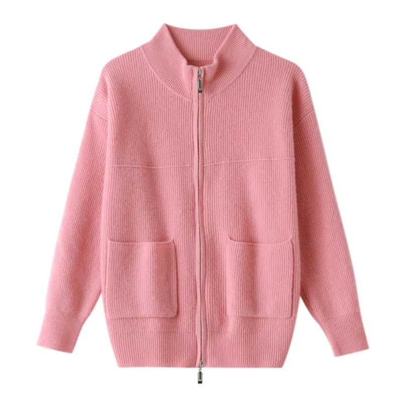 LM | Cozy knitted cardigan with stand-up collar and zipper