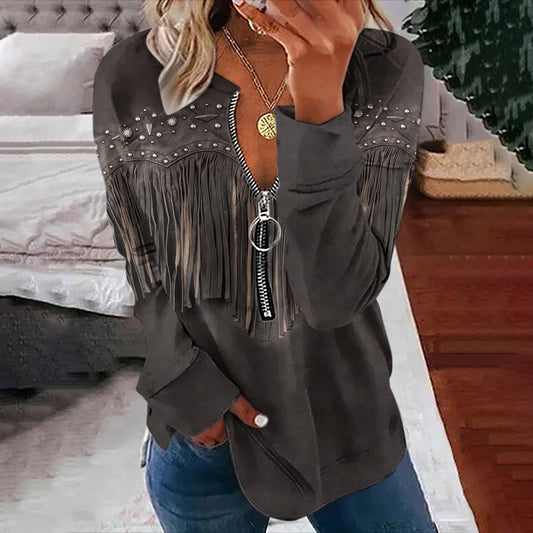 Comstylish Western Tassel Print V-Neck Zipper Casual Sweatshirt
