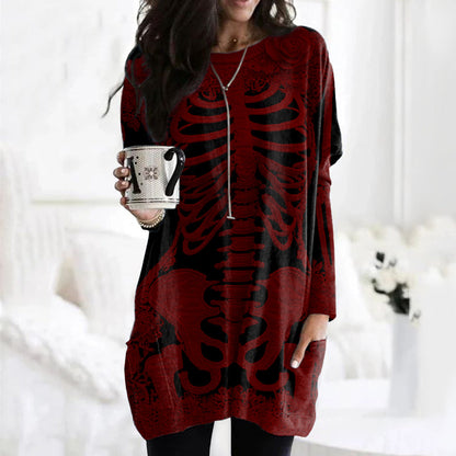 Women's Halloween Skeleton Bones With Rose Art Cozy Knit Turtleneck Mini Sweater Dress artswardrobe