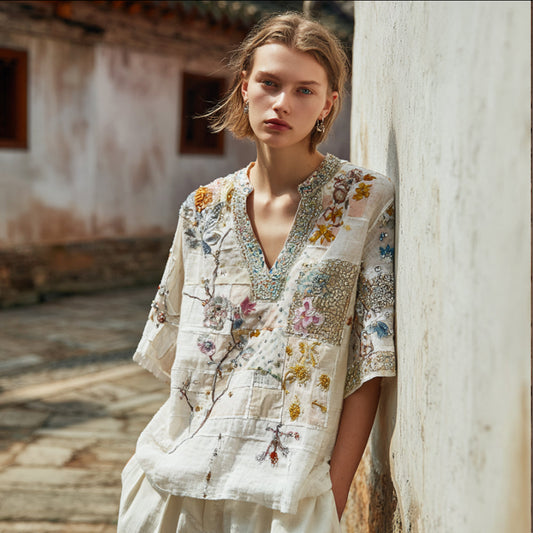 Comstylish Bohemian-style Japanese Art Style Plant And Flower Embroidery V-neck Short-sleeved Shirt