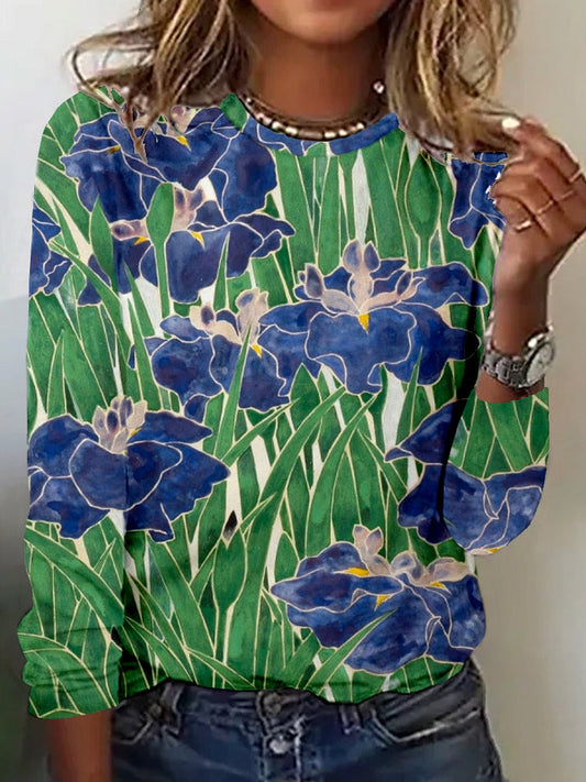 Comstylish Vintage Japanese Iris Art Painting Casual T Shirt