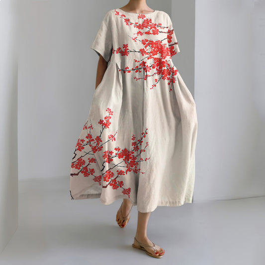 Comstylish Japanese Art Floral Print Round Neck Short Sleeve Casual Midi Dress