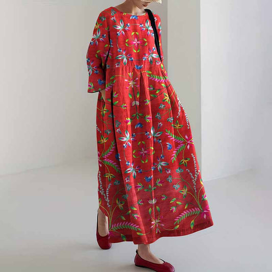 Comstylish Flower Art Print Linen Blend Midi Dress