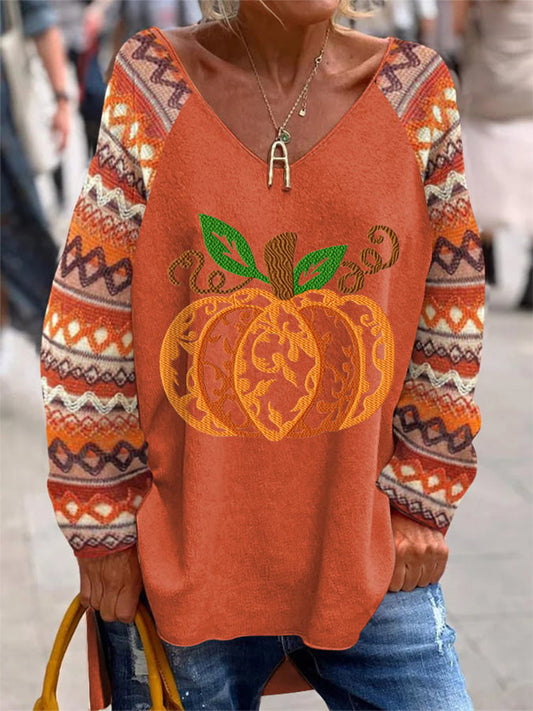 Women's Autumn Pumpkin Print V Neck T-Shirt artswardrobe