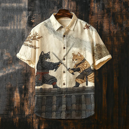 Men's Warrior Cats Battle Art Casual Short Sleeve Shirts elevenforest