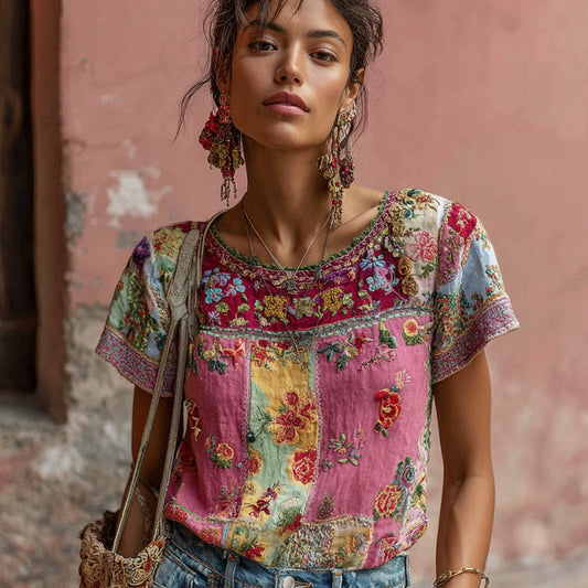 Women's Vintage Bohemian Floral Embroidery Art Round Neck Short Sleeve T-shirt artswardrobe