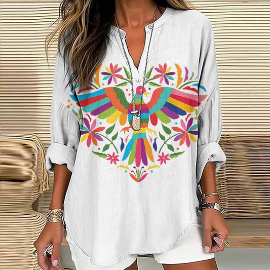 Women's Floral And Bird Art Print Cotton And Linen Long Sleeve Shirt artswardrobe