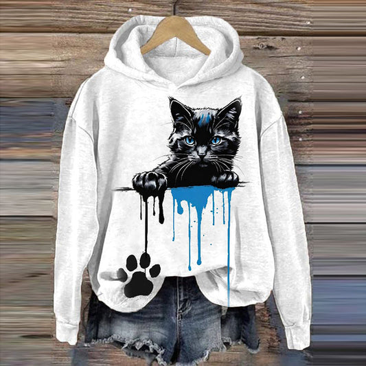 Women's Cute Cat Printed Hooded Sweatshirt elevenforest