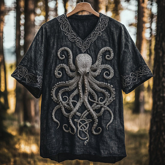 Retro Viking Crusoe Octopus Art Linen V-neck T-shirt artswardrobe