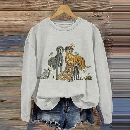 Comstylish Embroidered Art Dog Print Crew Neck Casual Sweatshirt