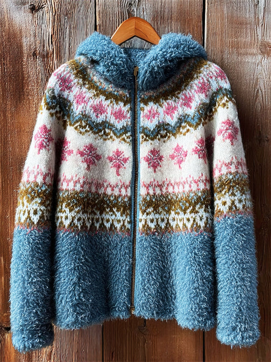 Vintage Classic Fair Isle Cozy Hooded Fleece Jacket