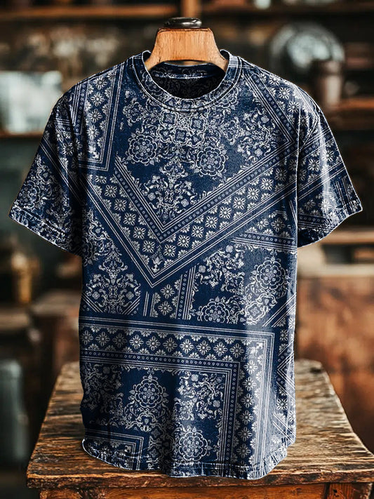 Dark blue Retro National Floral Patchwork Vintage Art Print Casual T-s