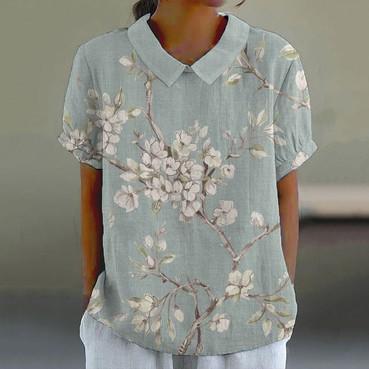 Comstylish Vintage Floral Art Printed Casual Short Sleeve Shirt
