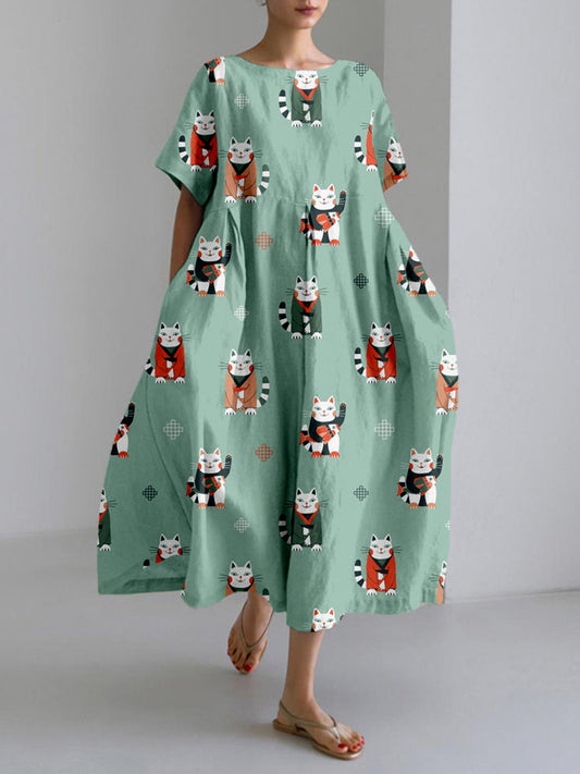 Comstylish Japanese Lucky Cats with Fish Linen Blend Maxi Dress
