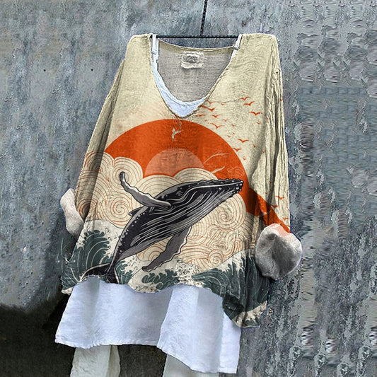 Vintage Fantasy Whale In Sunrise Dreamy Art Pattern Linen Blend Tunic artswardrobe