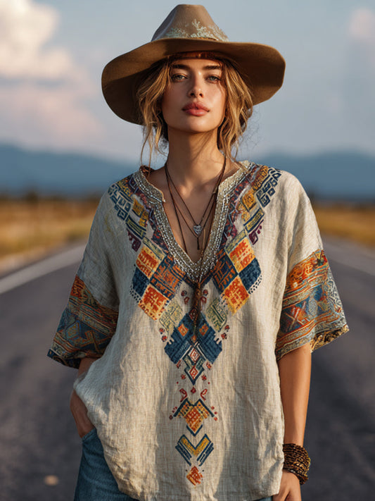 Comstylish Western-style Apache Pattern Embroidery V-neck Short-sleeved Shirt
