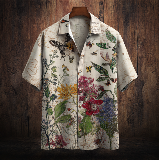 Bohemian Style Plant And Flower Pattern Men's Retro Cotton And Linen Shirt artswardrobe