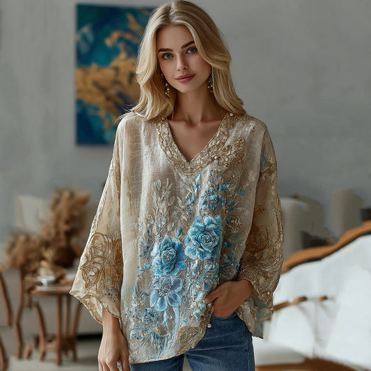 Vintage Marble Texture Collection Bohemia Gradient Gilded Pattern Linen V Neck T-shirt artswardrobe