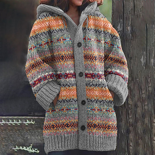 Vintage Icelandic Geometric Contrast Print Hooded Sweater Cardigan elevenforest