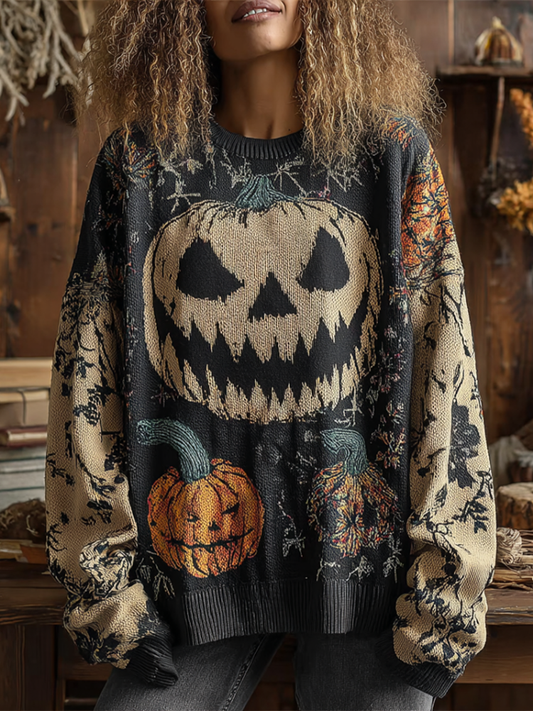 Comstylish Halloween Pumpkin Face And Plant Flower Pattern Design Women's Round Neck Knit Sweater