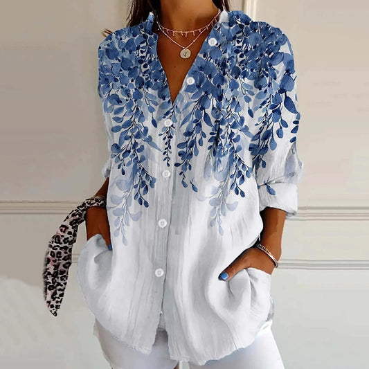 Comstylish Floral Print Long Sleeved Linen Blend Shirt