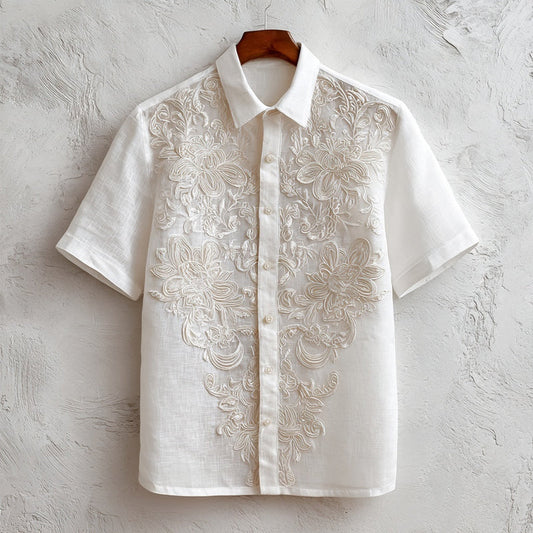Men's Floral Lace Embroidered Cozy Linen Shirt artswardrobe