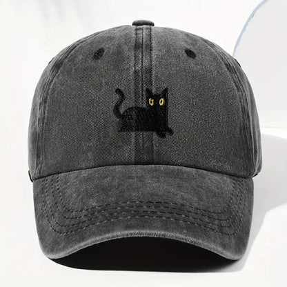 Japanese Art  Cute Black Cat Washed Sun Hat elevenforest