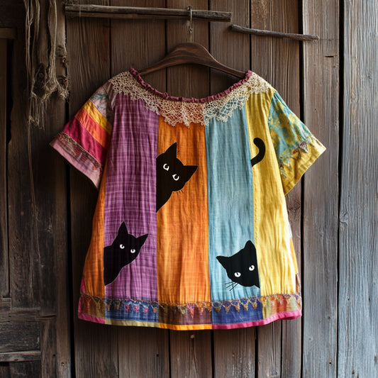 Comstylish Vintage Abstract Creative Black Cat Peeking With Floral Patchwork Art Cotton Linen Comfy Shirt