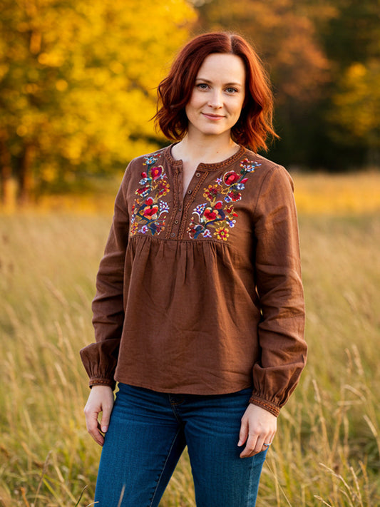 Comstylish Women's Vintage Bohemian Embroidered Print Shirt