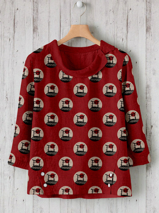 Vintage Japanese Torii Pattern Linen Blend Shirt