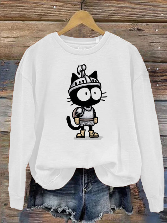Comstylish Funny Armor Little Black Cat Round Neck Long Sleeve Sweatshirt