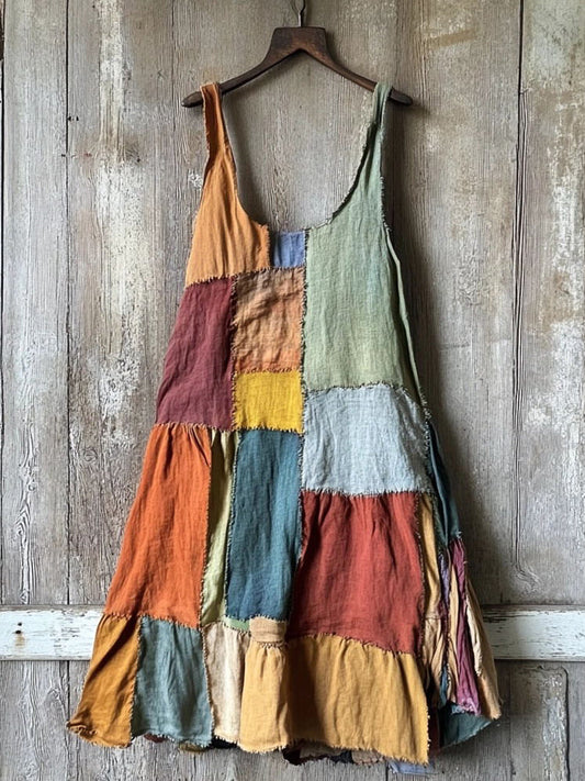 Multicolor Patchwork Linen Blend Midi Dress artswardrobe