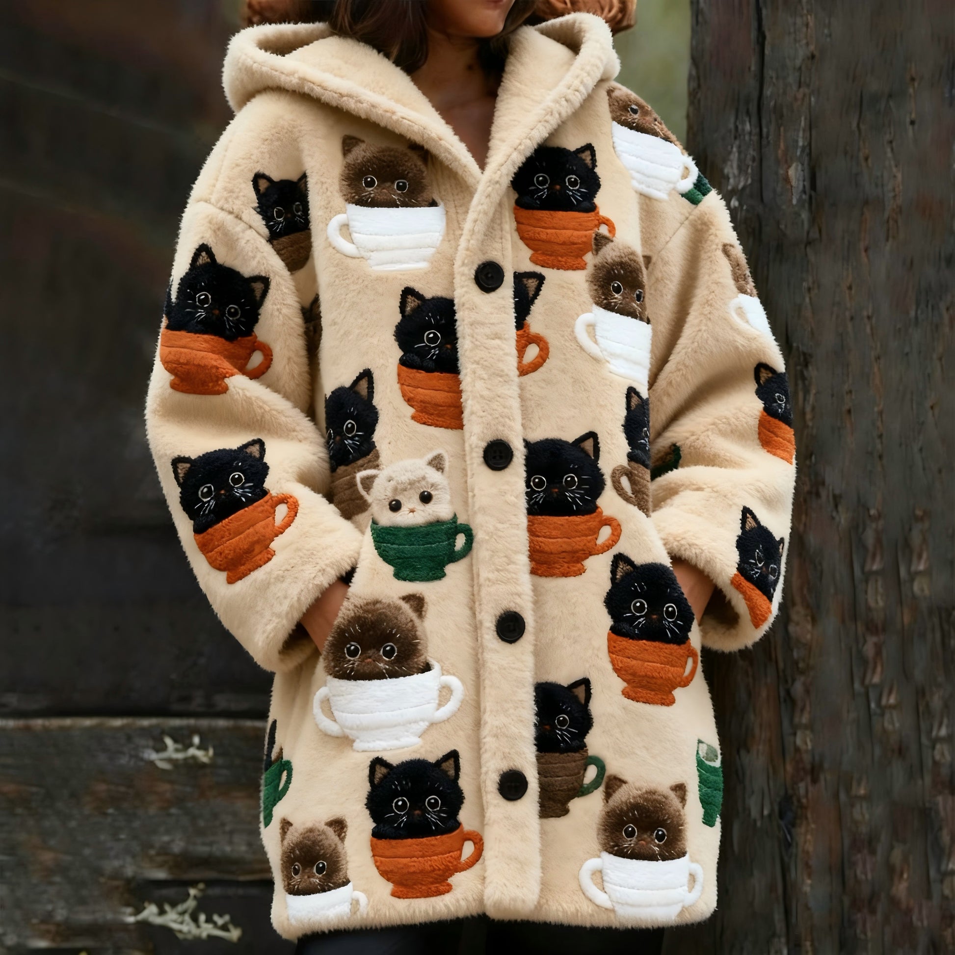 Comstylish Women's Cute Cat Coffee Cup Graphic Cozy Hooded Knit Cardigan