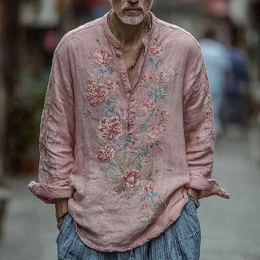 Men's Vintage Floral Embroidery Button-down Linen Shirt artswardrobe