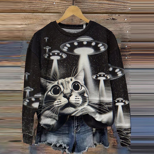 Comstylish Abstract Creative Ufo Cat Holly Sh*t Their Here Run Print Crew Neck Casual Sweatshirt